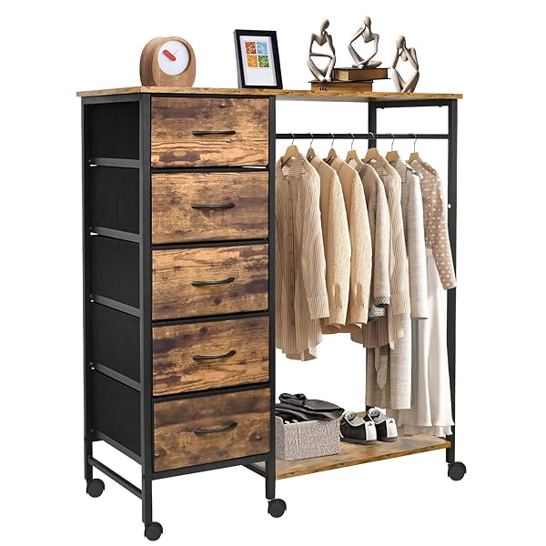 ハンガーラック スリム チェスト 5段 引き出し 棚 収納付き 木製 ワードローブ シングル 収納