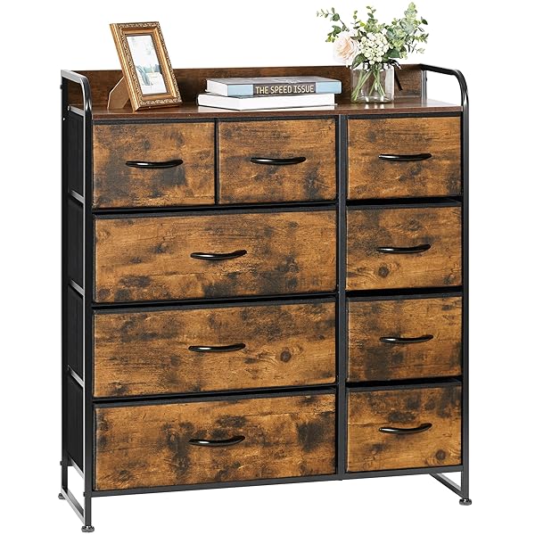 チェスト タンス ブラウン 北欧風 ヴィンテージ風 布製 引き出し 木製天板 大容量 リビング