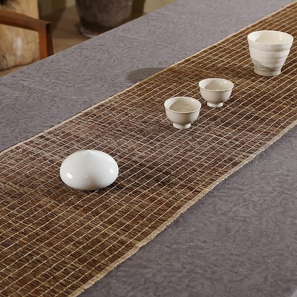 【慕布卡MOBUKIA】テーブルランナー 手織り布 ちょま生地夏布 天然素材シンプル 素朴なモダン 中華風和風侘寂わびさび禅茶席 断熱テーブル保護 食卓飾り ティーマット リビングルーム レストラン 茶室 多用途多機能（35×260cm）麻褐色