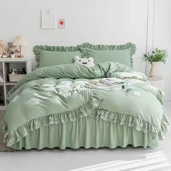 布団カバー シングル セミダブル ダブル 3/4点セット 布団カバー セット フリル 姫風 可愛い シングル掛け布団カバー ベッドスカート 枕カバー カバーシーツセット 肌に優しい フリル付きおしゃれ 北欧 ホテル 安心 清潔 丸洗いOK (グリーン