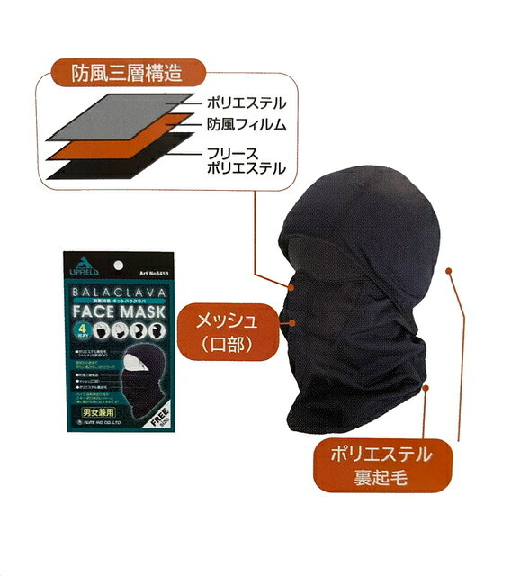 Rakuten - ★メール便可　5410　前面防風ホットバラクラバ4WAY　黒　防風三層構造　防寒　富士手袋