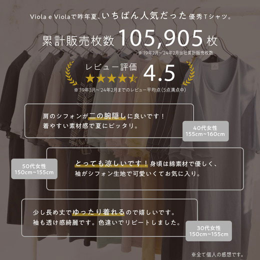 Viola e Viola（ヴィオラ エ ヴィオラ）【WEB限定】Tシャツ 接触冷感 【新色追加】【5つの機能付】袖シフォンTシャツ(M～5L) 30代 40代 レディース トップス シャツ ひんやり