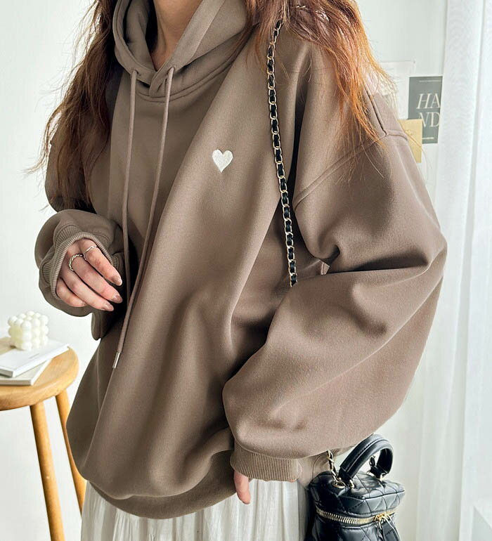 ハート刺繍裏起毛スウェットパーカー レディース 秋 冬 オートミール/ブラック/チャコール M-LLのサムネイル