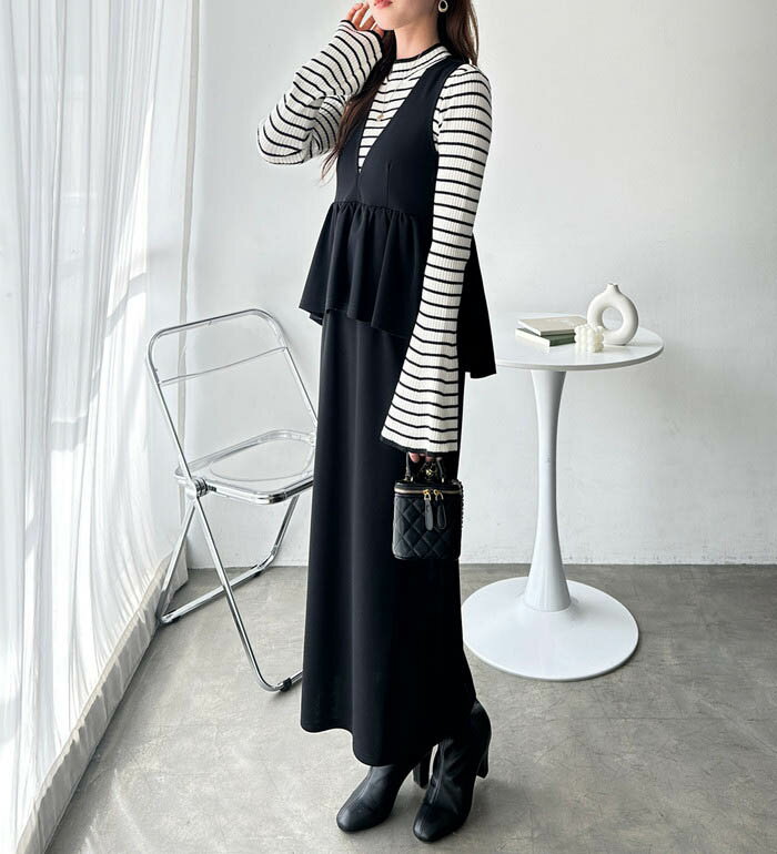 楽ちん ペプラムジャンパースカート レディース 秋 冬 オートミール/ブラック/チャコール M-LL