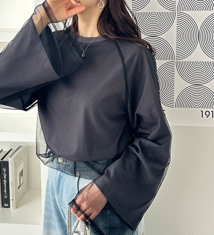 【★本日18時よりP10倍★】 チュールレイヤードロンT レディース 秋 冬 春 トップス Tシャツ M-L