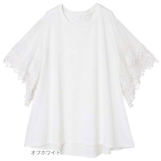 【MAX500円OFFクーポン配布中】Tシャツ M L LL 3L 袖レースボリュームTシャツ(M〜3L) ryuryu リュリュ 夏 夏服 シャツ トップス 半袖 大きいサイズ 40代ファッション ラナン