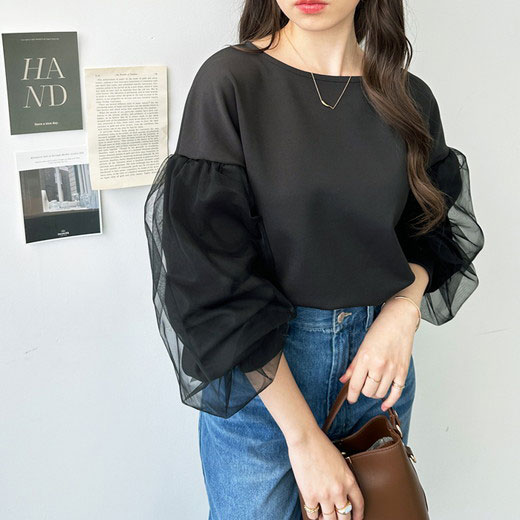 【最終日は最大30％OFFクーポン配布中！23日1:59迄】カットソー プルオーバー チュールボリュームスリーブトップス(M～L) ryuryu リュリュ レディース ジーラ GeeRA 24春 春服 トップス Tシャツのサムネイル