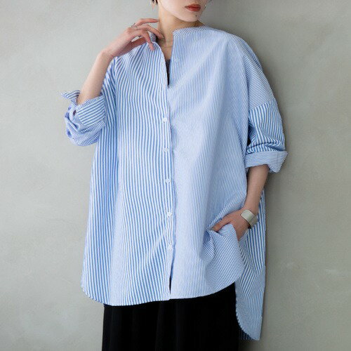 【WEB限定】シャツ M-L LL-3L ストライプバンドカラーシャツ(M-L〜LL-3L) 40代レディースファッション 夏 夏服 30代 レディース ryuryu リュリュ アドルシェ adorcher トップス