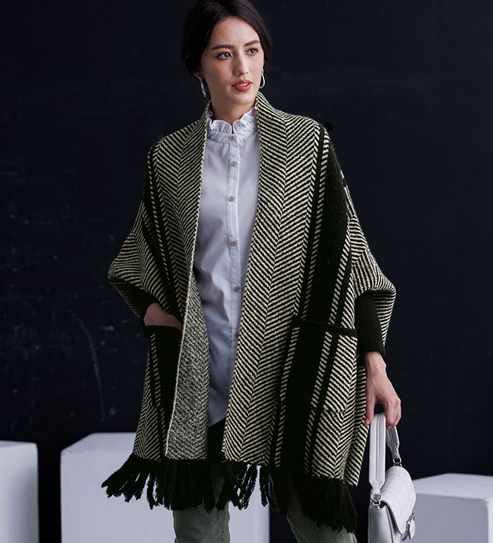 【18%OFFクーポン配布中★18日23:59迄】 ニットカーディガン ヘリンボーンポンチョカーデ (M〜3L) RyuRyu リュリュ レディース ファッション Ranan ラナン ニット カーディガン 羽織り カーデ