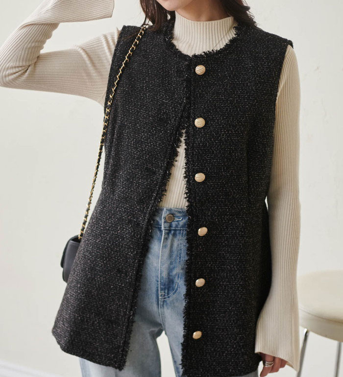 ペプラムツイードジレ レディース 秋 冬 ベスト ジレ オフホワイト/ブラック/ミックス M-LLのサムネイル
