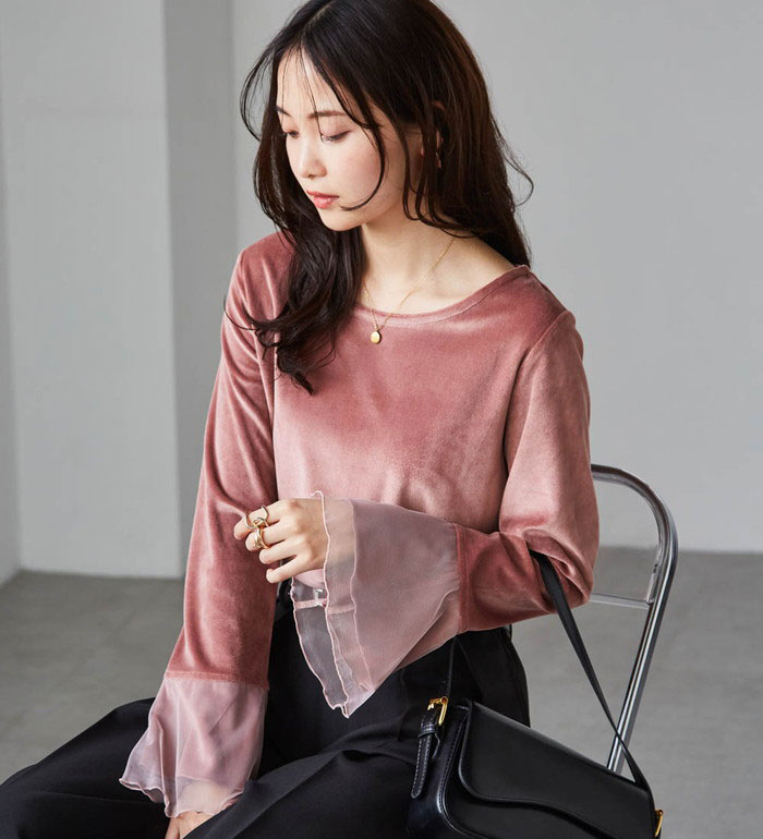 カットソー プルオーバー フレアーチュール袖ベロアプルオーバー M-3L 2025秋冬 レディース ラナン RANAN 30代 40代 50代 トップス Tシャツのサムネイル