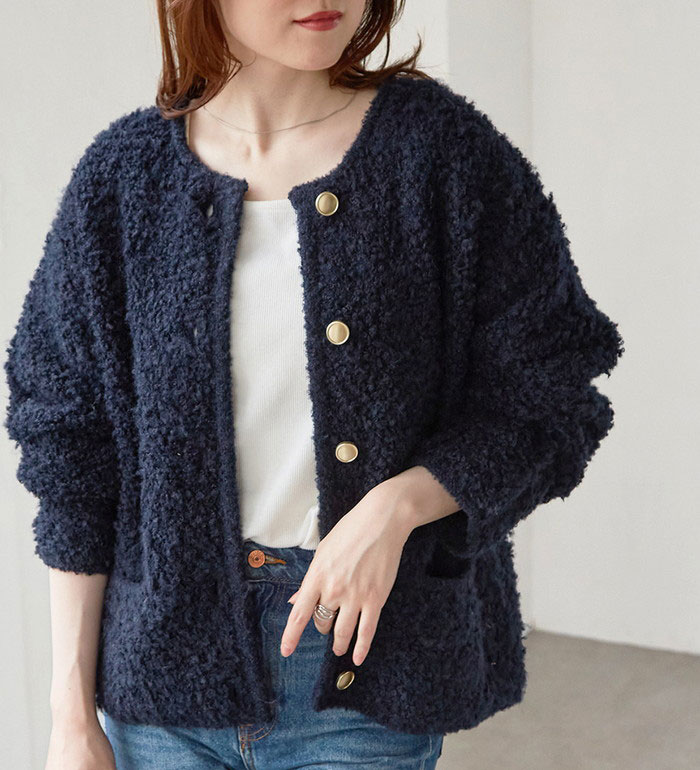 【★本日18時よりP10倍★】 ゴールド調ボタンループ編みニットジャケット レディース 秋 冬 カーディガン ボレロ アイボリー/ライトグレー/ネイビー/ピンク M-LLのサムネイル