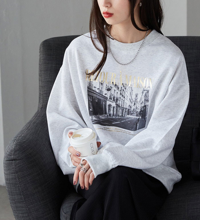 フォトプリントスウェット レディース 秋 冬 スウェット トレーナー オートミール/チャコール Mのサムネイル