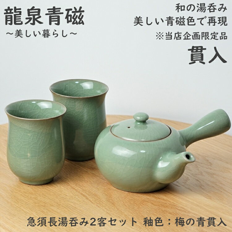 急須 湯呑み 2客セット 青磁 龍泉青磁 オリジナル 限定品 和食器 龍泉青磁 梅の青 貫入 哥窯 来客用 急須 プレゼント用 お祝い 急須 陶..