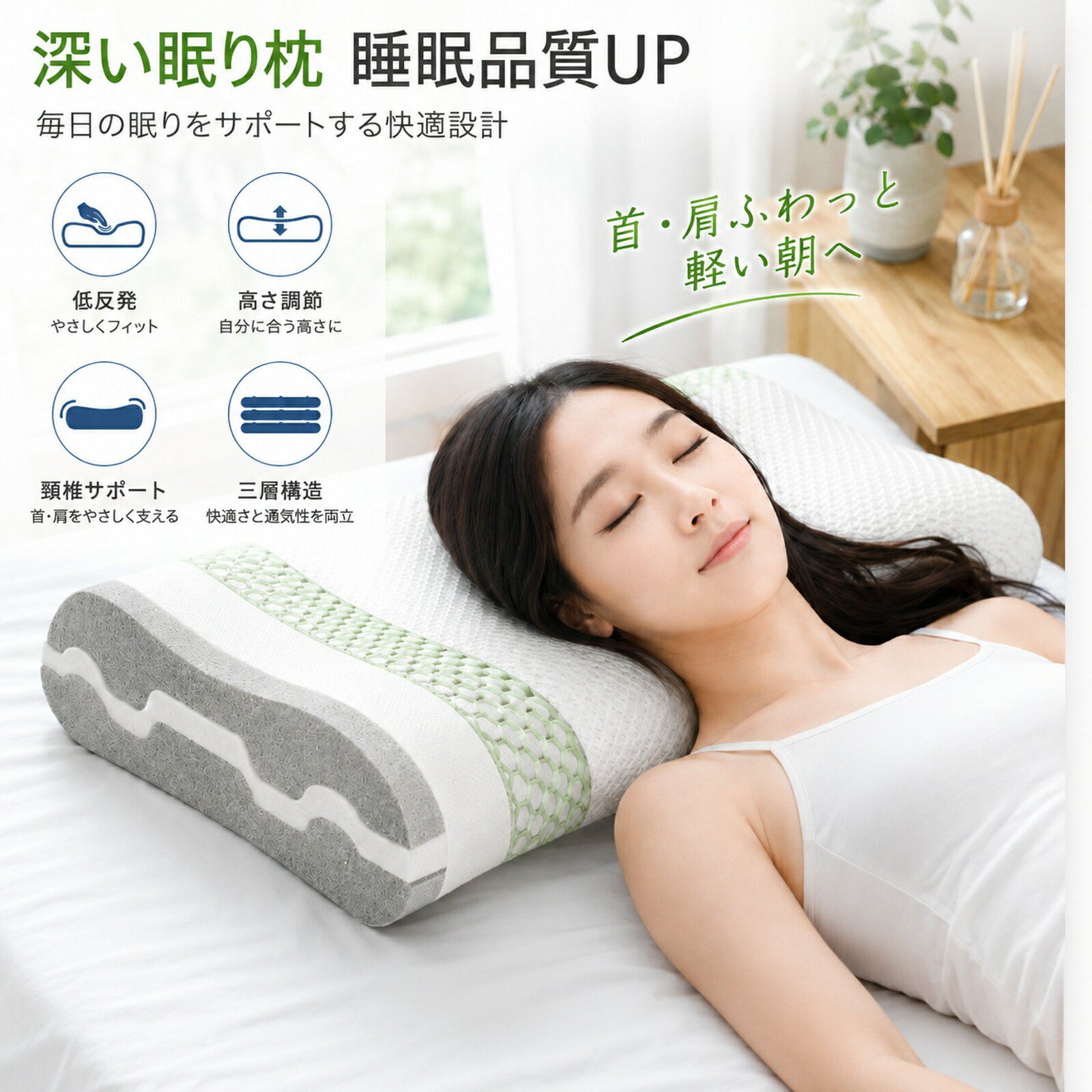 枕 安眠枕 まくら　低反発枕 首が痛くならない 肩がラク 快眠枕 三層構造まくら ジェルメモリーフォーム 仰向け 横向き ストレートネック対策 枕 肩凝り 洗える 枕头 TPE素材インナーカバー 高さ調節可能（60cm*35cm）