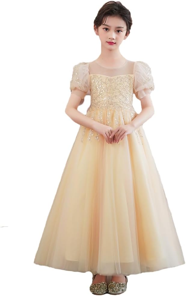DR60 子どもドレス 女の子 フォーマル 発表会 結婚式 子供服110 120 130 140 150 160cm オーガンジー ロング ワンピース フラワーガールシャンパンのサムネイル