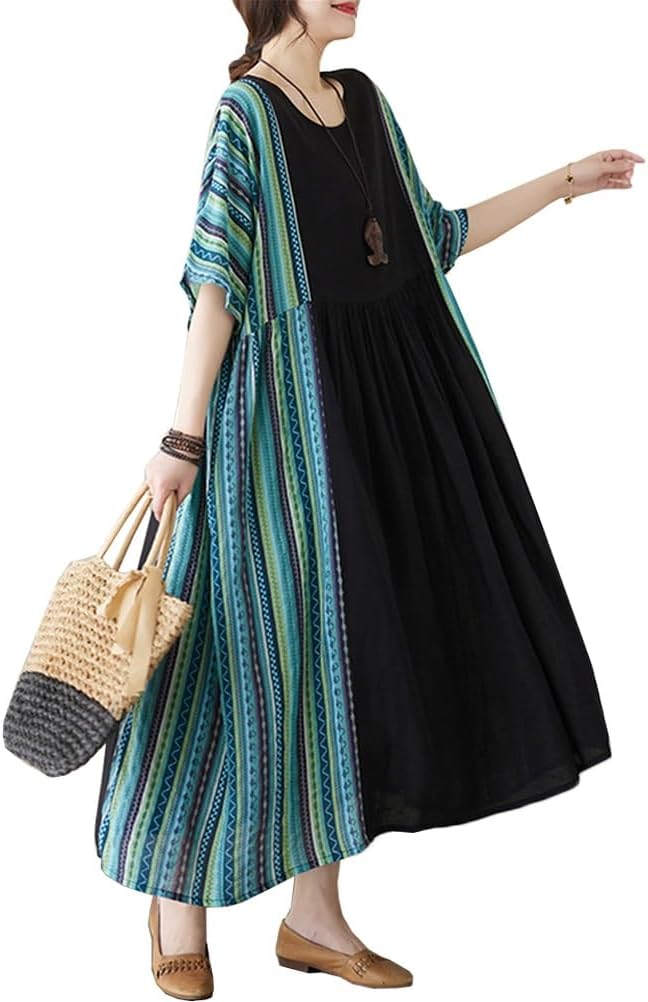 レディース ワンピース ドレス ロングワンピース オーバーサイズワンピース 半袖ワンピース 夏服 カジュアル クルーネック 半袖 ファッション ゆったり 体型カバー 大きいサイズ 快適 ストライプのサムネイル
