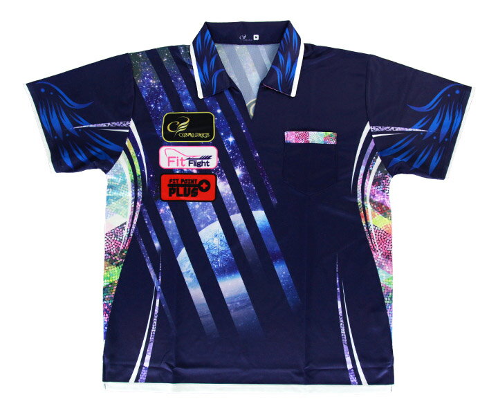 ■商品説明COSMO DARTS Replica darts shirts レプリカダーツシャツ｜Galaxy Type 2018コスモダーツプレーヤーが2018年シーズンから着用するユニフォームのレプリカタイプ通気性のよい生地を採用し、機能性も十分です。■Galaxyタイプ(cm)サイズ：S M L LL 3L身丈：66 70 73 76 79身幅：52 55 58 61 64肩幅：44 46 48 50 52袖丈：20 22 23 26 26.5