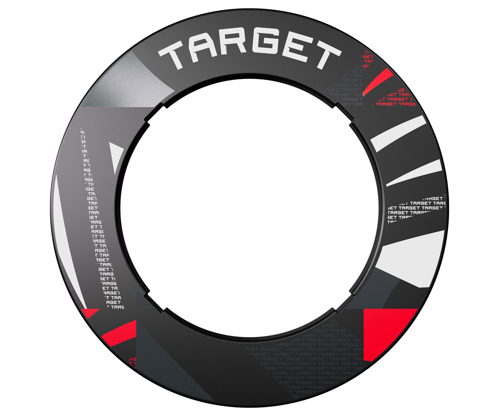 ■商品説明TARGET PATTERNED NOTCHED SURROUNDTarget パターンド ノッチド サラウンドCorona Vision 2 と OMNI の両システムに対応したパターンド ノッチド サラウンド。独自のノッチ（切り欠き）構造により、Corona Vision 2 または OMNI をサラウンド内にすっきりと収め、スタンダードサイズのダーツボードと一体感のあるプロフェッショナルなセットアップを実現。カラーはブラック、グレー、レッドの 3 色に Target オリジナルパターンを施したデザインタイプを用意した全3種類をラインナップ。素材には、ダーツによる刺さり跡を軽減しながら壁面を保護するアクティブ・リフレックス・ポリマーを採用。軽量なリブ構造で、壁への固定を必要とせず、各種スタンダードサイズのダーツボードに簡単に設置可能。