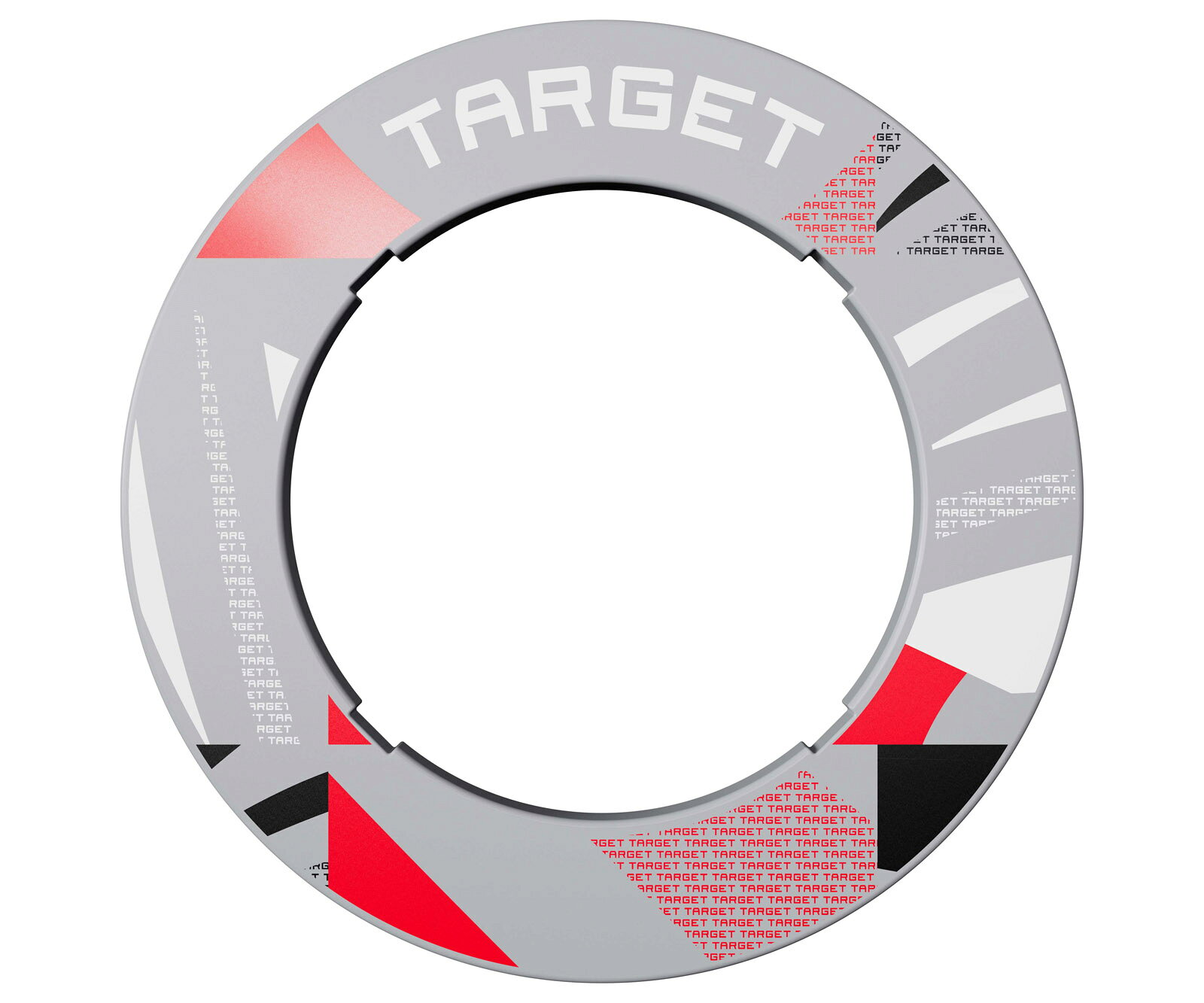 ■商品説明TARGET PATTERNED NOTCHED SURROUNDTarget パターンド ノッチド サラウンドCorona Vision 2 と OMNI の両システムに対応したパターンド ノッチド サラウンド。独自のノッチ（切り欠き）構造により、Corona Vision 2 または OMNI をサラウンド内にすっきりと収め、スタンダードサイズのダーツボードと一体感のあるプロフェッショナルなセットアップを実現。カラーはブラック、グレー、レッドの 3 色に Target オリジナルパターンを施したデザインタイプを用意した全3種類をラインナップ。素材には、ダーツによる刺さり跡を軽減しながら壁面を保護するアクティブ・リフレックス・ポリマーを採用。軽量なリブ構造で、壁への固定を必要とせず、各種スタンダードサイズのダーツボードに簡単に設置可能。