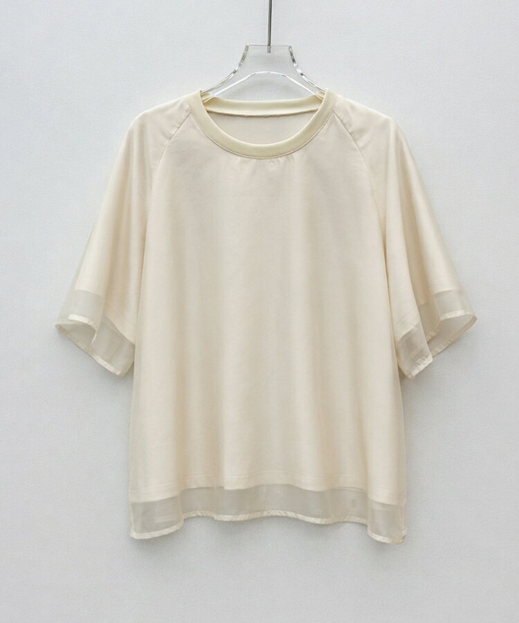 Tシャツ ブラウス レディース トップス 五分袖 オーガンジー クルーネック ラグランスリーブ ゆったりシルエット 異素材切り替え 体型カバー オーバーサイズ 女の子 シンプル SAISON sdp0386 s-e-u-10002258 S.E.U サンプル画像3