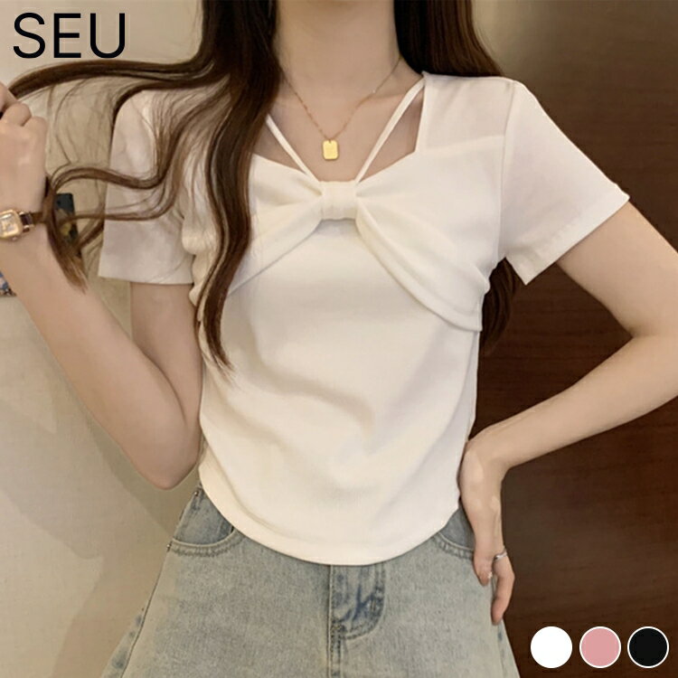 Rakuten - Tシャツ リボン ホルター 半袖Tシャツ レディース リブニット オシャレ ショート丈 かわいい シンプル 夏 トップス きれいめ カジュアル オフィスカジュアル 韓国ファッション seu26nt1081