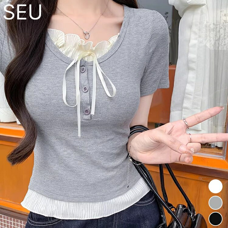 Rakuten - レディース トップス フェイクレイヤード 胸リボントップス 半袖 重ね着風 ブラウス Tシャツ カットソー プルオーバー トップス 半袖 無地 ピンク 春 春服 夏 夏服 秋 秋服 seu26nt1092