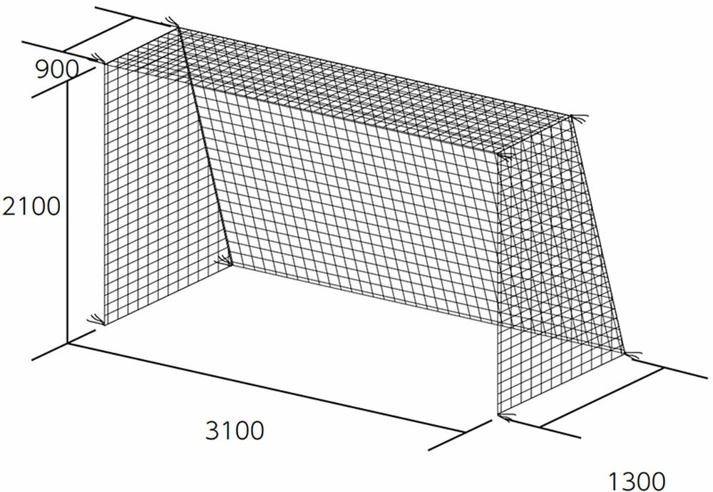 素材：ポリエチレン有結節、440T／60本サイズ：フットサル＆ハンド寸法／H2100×W3100×D上900×D下1300（mm）重量：2．7kg／組仕様：ネットカラー／白、網目／10cm角原産国：台湾フットサル・ハンドゴールネット・四角目（2張1組）