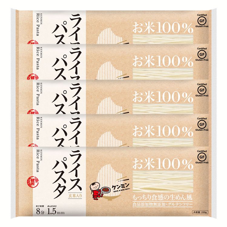 お米にこだわった、お米100％ならではの、上品な香りともっちり食感が特徴のお米の魅力が詰ったライスパスタです。●内容量250g×5袋セット●原材料米●栄養成分表示（100g）エネルギー：349kcal、たんぱく質：6.5g、脂質：1.2g、炭水化物：78.0g、食塩相当量：0.03g●原産国タイ○広告文責：e-net shop株式会社(03-6706-4521)○メーカー（製造）：ケンミン食品株式会社○区分：一般食品（検索用：ケンミン お米100％ パスタ 小麦アレルギー対策 グルテンフリー 7大アレルゲン不使用 麺類 夜食 ノンフライめん お米のめん 4901483021529） あす楽対象商品に関するご案内 あす楽対象商品・対象地域に該当する場合はあす楽マークがご注文カゴ近くに表示されます。 詳細は注文カゴ近くにございます【配送方法と送料・あす楽利用条件を見る】よりご確認ください。 あす楽可能なお支払方法は【クレジットカード、代金引換、全額ポイント支払い】のみとなります。 下記の場合はあす楽対象外となります。 15点以上ご購入いただいた場合 時間指定がある場合 ご注文時備考欄にご記入がある場合 決済処理にお時間を頂戴する場合 郵便番号や住所に誤りがある場合 あす楽対象外の商品とご一緒にご注文いただいた場合＼ 良質な油をお得に♪ ／ 【1本約667円！】オリーブオイル300g 【1本あたり約860円！】こめ油900g 【1本あたり約658円！】大豆油900g 【1本あたり約864円！】サラダ油1350g 【1本あたり約754円！】キャノーラ油 ご注文前のよくある質問についてご確認下さい[　FAQ　]