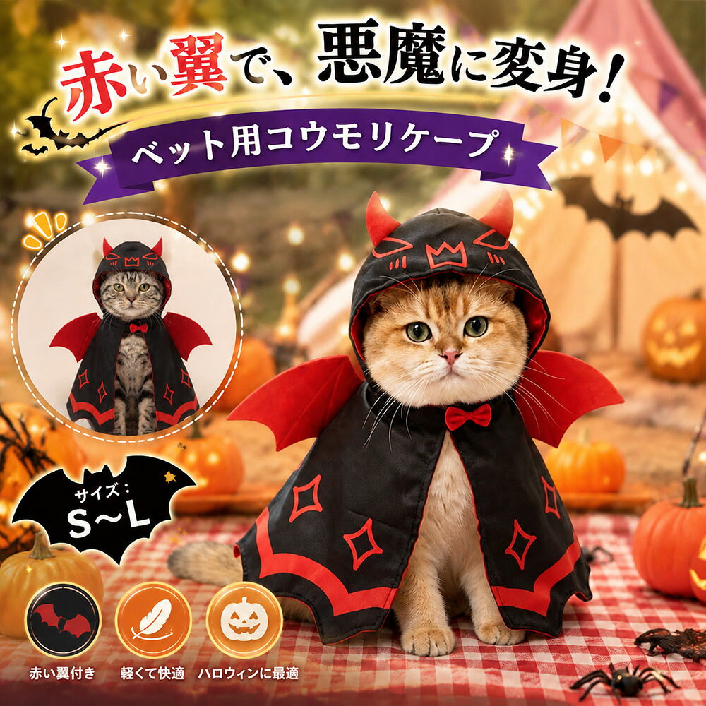 ＼悪魔に変身！赤い翼で目立つこと間違いなし！／ ハロウィンの夜を盛り上げる、ペット用の赤いデビルウィングケープが登場です！ ■ 赤い翼が目を引くデザイン 愛ペットを一瞬で悪魔に変身させます。ハロウィンパーティーや仮装イベントで、写真映えすること間違いなし！ ■ 着脱カンタン 面倒な装着は不要。サッと着せられる簡単デザインなので、お出かけ前の準備もスムーズです。 ■ 軽量＆快適な着心地 ペットの負担になりにくい軽量素材を使用。通気性も良く、長時間の着用でも快適に過ごせます。 ■ S〜Lサイズ展開 小型犬から中型犬まで対応。ワンちゃん・ネコちゃん、どちらにもお使いいただけます。 ■ ハロウィンはもちろん、日常のお出かけにも 特別な日の思い出作りはもちろん、お散歩やお出かけのアクセントとしても大活躍間違いなし！ 赤い翼で、大切なペットを悪魔に変身させちゃいましょう！