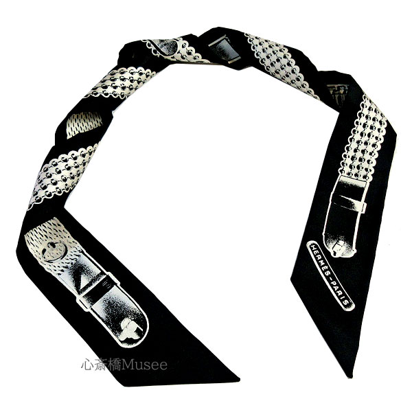 ≪新品≫エルメス ツイリー「TRESOR DE MEDOR/トレゾール ドゥ メドール」NOIR/BLANC ノワール/ブラン 黒 白 ミニスカーフ ブラック ホワイト 箱 リボン ラッピングのサムネイル
