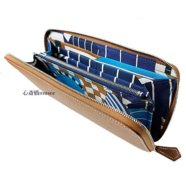 ≪ 新品 ≫ エルメス アザップ シルクイン ラウンドファスナー 長財布 ゴールド　キャメル　 「ワン・ツー・スリー」 エプソン シルク シルバー金具 HERMES Wallet Azappe Silkin Gold "One Two Three" blue Navy - beige weimar 箱 ラッピングのサムネイル