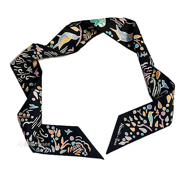 ≪ 新品 ≫ エルメス ツイリー 春のアイランド ノワール / ヴェール / ローズ 黒HERMES TWILLY " ISOLA DI PRIMAVERA " 　Noir / Vert / Rose シルク スカーフ 箱 リボン ラッピングのサムネイル