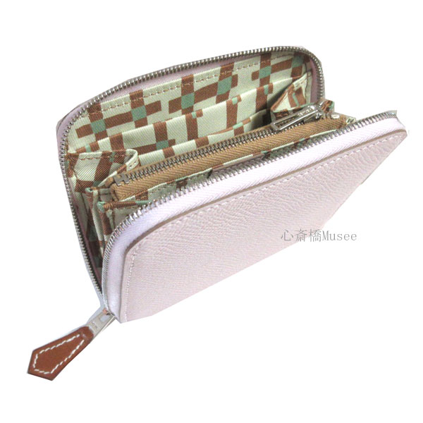 ≪Brand new≫ HERMES Wallet Azappe Silkin Compact Mauve pale Chai Epsom Box Ribbon Wrapping ≪ 新品 ≫ エルメス アザップ シルクイン コンパクト ラウンドファスナー ミニ財布 モーヴペール チャイ エプソン シルク 100% シルバー金具 箱 リボン ラッピング　U刻印のサムネイル