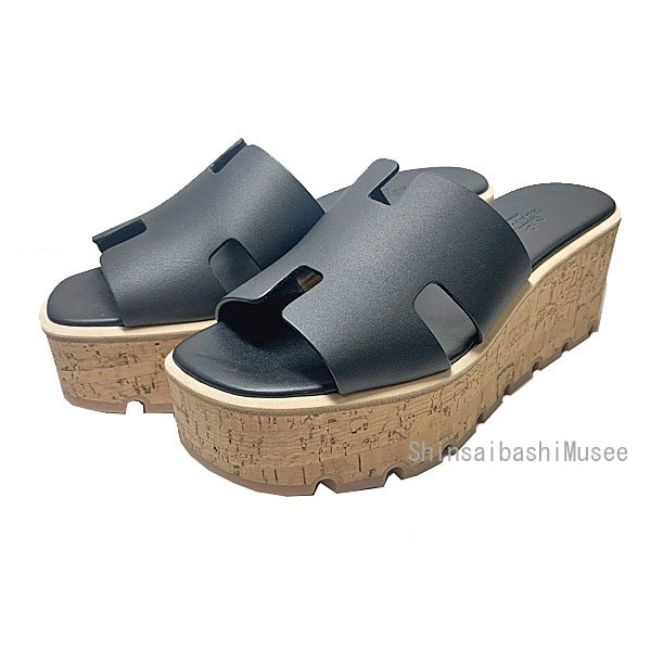 ≪Brand new≫HERMES Eze 30 Sandals 37 Leather Cork Rubber Sole Black Oran Box Ribbon Wrapping ≪ 新品 ≫エルメス エズ 30 サンダル 37 レザー コルク ラバーソール ブラック 黒 オラン 箱 リボン ラッピング