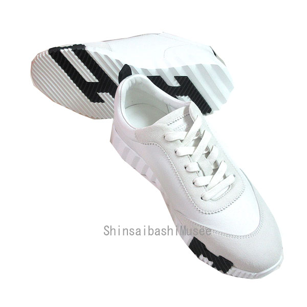 Rakuten - ≪BrandNew≫ Hermes Bouncing Sneakers All Leather Low Cut White Black Size38.5 25cm Women's Shoes Box Ribbon　≪ 新品 ≫ エルメス バウンシング スニーカー オールレザー ローカット ホワイト 白 ブラック 黒 38.5サイズ 25cm レディース シューズ 箱 リボン