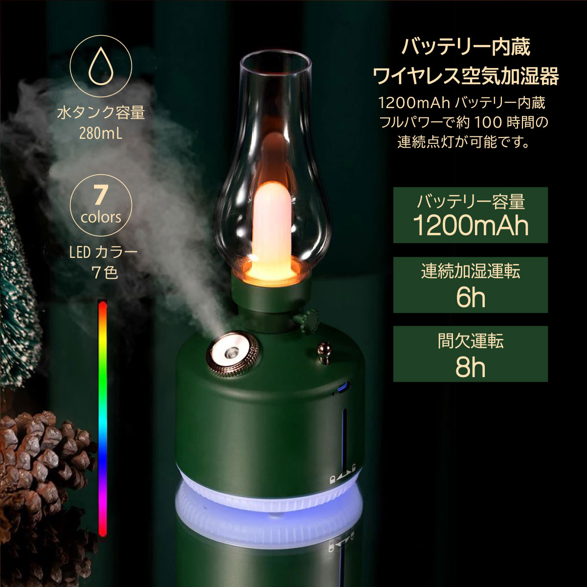 加湿器 卓上 アロマ 対応 USB タイプC 接続 7色 LED ブラック ランプ 風 ポータブ...