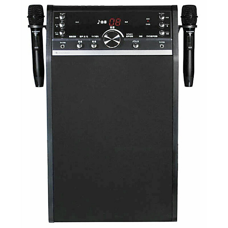返品、不良交換について(※必ずお読みください) 送料無料商品　沖縄・離島、一部地域は別途追加送料がかかります。 ご家庭で本格カラオケを楽しめる、ANABAS DVDカラオケシステム DVD-K110です。高性能ワイヤレスマイクが2本付属し、コードの煩わしさなくデュエットやグループカラオケも楽々楽しめます。ANABAS DVDカラオケシステムDVD-K110の特長 ご家庭で本格カラオケを楽しめる、ANABAS DVDカラオケシステム DVD-K110です。高性能ワイヤレスマイクが2本付属し、コードの煩わしさなくデュエットやグループカラオケも楽々楽しめます。迫力ある25cmウーハーとツィーターで58Wの高出力を実現し、リビングが一瞬でカラオケルームに変身。DVD・CD・ビデオCDはもちろん、CD-GやDVD-R/RWにも対応し、カセットテープの録音再生も可能で昔のコレクションも活用できます。テレビへの接続も簡単で、子どもからお年寄りまで直感的に操作できると好評です。音質の良さや使い勝手の良さに、HDMI端子対応なので「届いてすぐHDMIで接続、家族で大満足」といった声が多数寄せられています。 ANABAS DVDカラオケシステムDVD-K110の仕様 品名：カラオケシステム 型番(カラー)/JAN：DVD-K110ブラック　4518351002018 本体寸法：W383×D250×H650mm 質量：約13.6kg 電源定格：100V50/60Hz 消費電力：20W(スタンバイ時:約5W) 実用最大出力：58W スピーカー：25cmウーハー、9.8cmツィーター マイク変調方式：周波数変調 チャンネル数：2チャンネル(マイク) 外部入力端子：RCAピンジャック(白色/赤色)×1(ステレオ) スピーカー出力端子：RCAピンジャック(黒色)×1(モノラル) マイク入力端子：6.3mm標準ジャック×2(モノラル) 適合インピーダンス：1kΩ以下(6000Ω推奨) 取扱説明書、ワイヤレスマイク×2、マイクホルダー×2、マイクホルダー取り付けネジ×6、背面端子保護カバー、電源コード(約1.8m)、リモコン、映像接続ケーブル(約3m) 再生可能ディスク：DVDビデオ(リージョン2、ALL)、DVD-R/-RWCD-G、CD-R/-RW、ビデオCD・音楽用CD 映像出力端子：RCAピンジャック(黄色)×1、HDMI端子 音声出力端子(ステレオ)：RCAピンジャック(白色/赤色)×1、HDMI端子 カセットテープデッキ部トラック方式：4トラック2チャンネル テープ速度：4.75cm/秒 ワウ・フラッター：0.4%(wrms)以下 使用可能テーブ：ノーマルテープ専用 ワイヤレスマイク電源：DC3V(単3形乾電池×2) 外形寸法：約54×252mm(最大直径×長さ) 質量：約290g(電池を含まない) ワイヤレス電波の形式：F3E ANABAS DVDカラオケシステムDVD-K110の関連商品 自宅でカラオケ練習するかた必見! 防音マイク ミュートセット VMM-150 メディアコム DM-397 ヴォーカル用ダイナミックマイクロフォン メディアコム マイクミュートカバーVMM-010