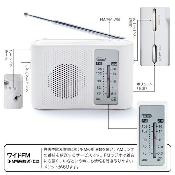 送料無料 ( 定形外 ) ワイドfm対応ラジオ　ワイドFM/AMポータブルラジオ スピーカー搭載 コンパクト 雑音に強い 災害情報 イヤホン 【 本体 電池式 携帯 防災用品 非常用 アウトドア コンパクト 小型 便利 】 送料込 ◇ WIDE FM＆AMラジオU