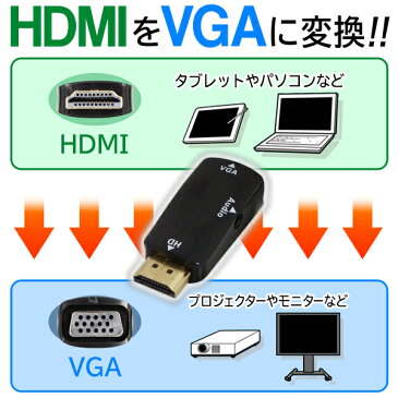 送料無料 !( 規格内 ) HDMI→VGA変換アダプター HDMI Aオス−VGA メス 高画質対応 イヤホンジャック搭載【 映像出力 音声出力 モニター プロジェクター テレビ パソコン スピーカー アンプ 便利 】 送料込 ◎ ◇ HDMI変換VGA