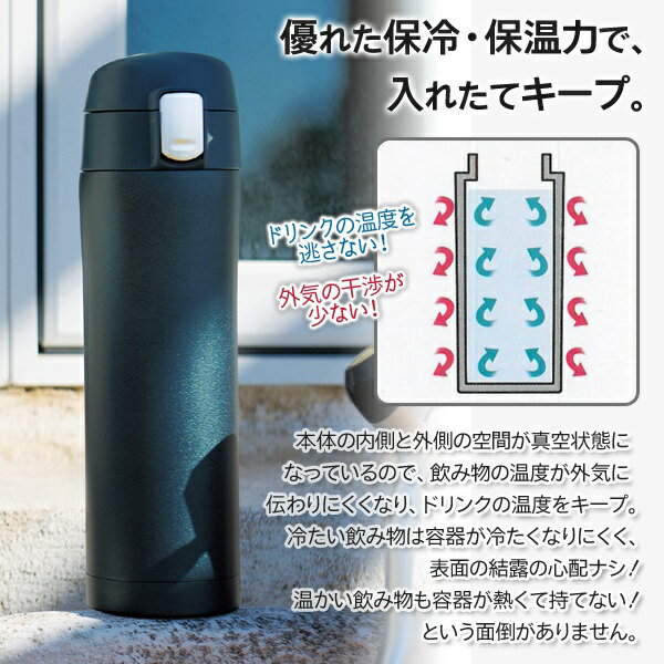 片手ワンプッシュオープン 真空二重 ステンレスボトル 450ml 保温／保冷 結露しない 広口 冬物特集【 ステンレス製 ボトル 水筒 タンブラー ホット オフィス アウトドア 大容量 スリム おしゃれ シンプル 】 ◇ マグU-NV