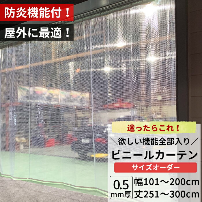 [マラソン限定クーポンあり]ビニールカーテン 屋外 防炎 糸入り 0.5mm厚 幅101〜200cm 丈251〜300cm 防虫 静電防止 UVカット 耐寒 耐候 節電 ビニール カーテン サイズオーダー 【FT14】 JQ