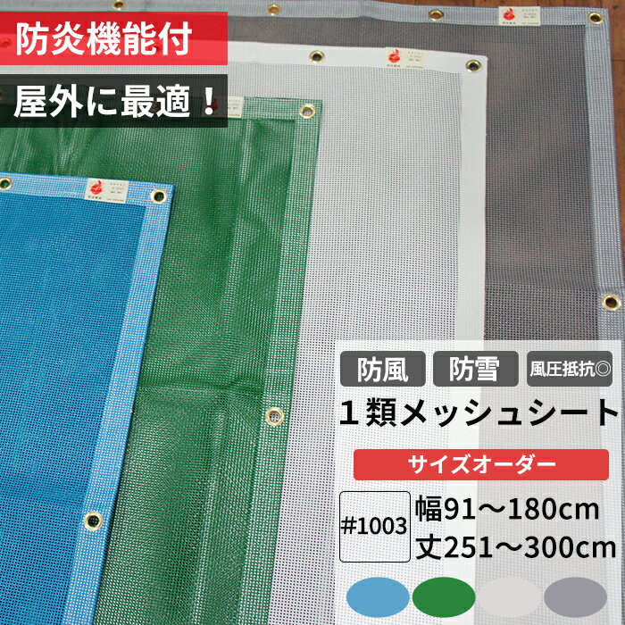 [最大10％OFFクーポンあり] 養生1類メッシュシート 防炎 防雪ネット 防風ネット 幅91〜180cm 丈251〜300cm ターポスクリーン ＃1003 防塵 養生 防風 防雪 日よけ 雪よけ 目隠し 店舗 ベランダ カーポート ペンキ飛散用 RoHS2対応品 サイズオーダー 【FT22】 JQ
