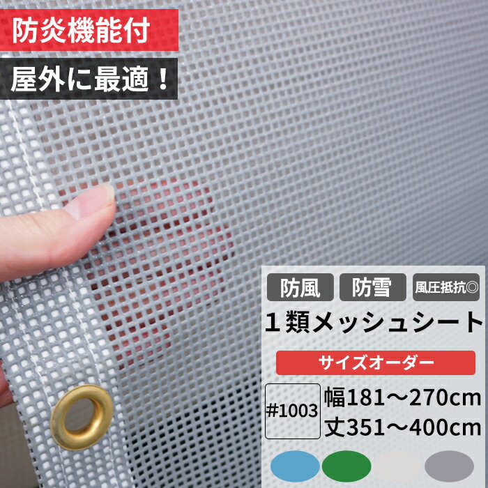[最大10％OFFクーポンあり] 防雪ネット 防風ネット 養生1類メッシュシート 防炎 幅181〜270cm 丈351〜400cm ターポスクリーン ＃1003 防塵 養生 防風 防雪 日よけ 雪よけ 目隠し 店舗 ベランダ カーポート ペンキ飛散用 RoHS2対応品 サイズオーダー 【FT22】 JQ