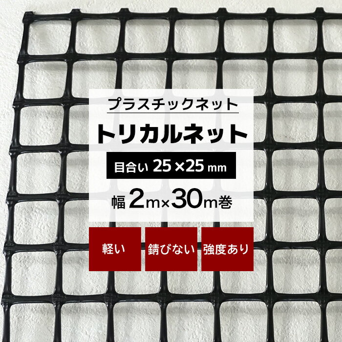 トリカルネット MS-1 幅2m×30m巻 目合い 25×25mm プラスチックネット プラスチック 網 落下防止 棚 ラック 階段 柵 フェンス 安全 カバー 獣害対策 動物よけ イノシシ対策 侵入防止 ネット 網 黒 ブラック JQ