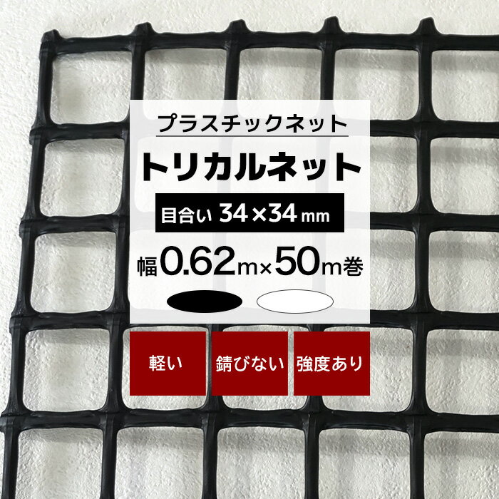 ポイント5倍×20日限定 トリカルネット N-34 幅0.62m×50m巻 目合い 34×34mm プラスチックネット プラスチック 網 獣害対策 動物よけ イノシシ対策 被害 農作物 保護 防護 侵入防止 ディスプレイ ネット 網 黒 ブラック 白 ホワイト JQ