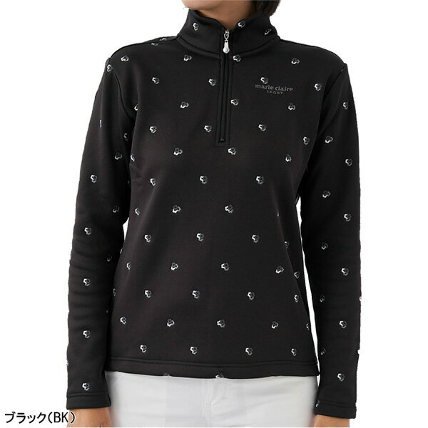 【レディース】マリ・クレール 長袖 ハーフジップ ハイネックシャツ 小花柄 裏シャギー 733-502 ゴルフウェア 2023年秋冬モデル marie claire マリクレール 秋冬ウェア 女性用 733502 UVカット 保温 おしゃれ