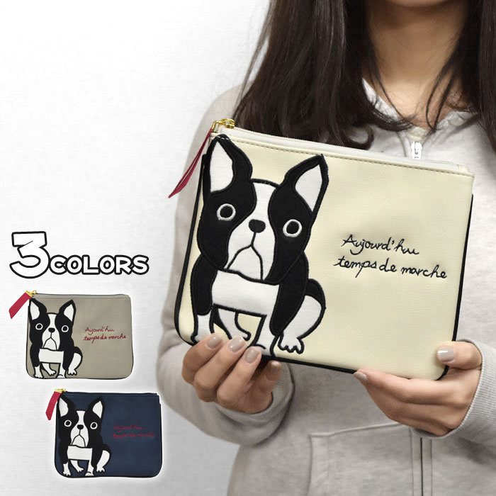 FLAPPER (フラッパー) ブブリン フェイクレザー スクエア ポーチ /レディース 合成皮革 合皮 レザー コスメポーチ 化粧ポーチ 小物入れ 雑貨 犬 イヌ いぬ 犬グッズ フレンチブルドッグ ボストンテリア フレーズブブリン平ポーチ アイボリー グレー ネイビー/ rのサムネイル
