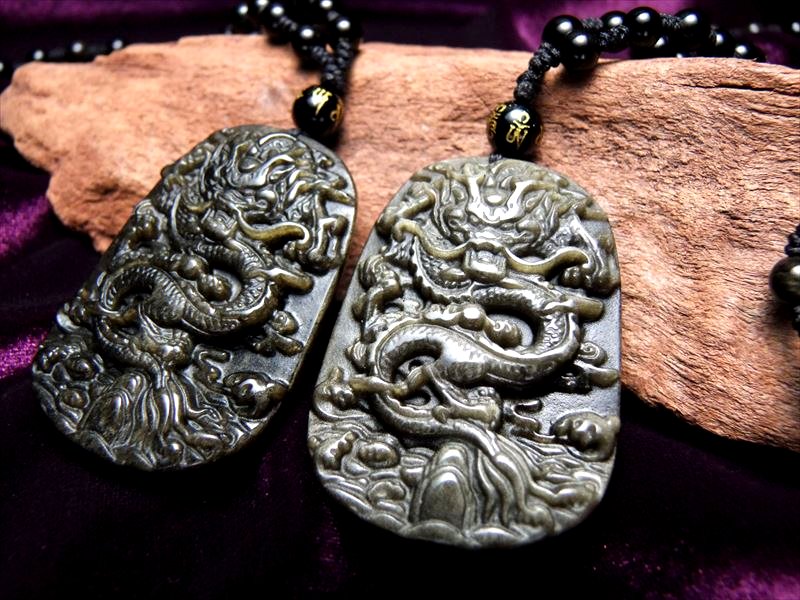 ●厄除け 激安 縦52ミリ 手彫り龍ネックレス 龍彫りゴールデンシャインオブシディアン ネックレス 60cm 被れるタイプ 極上天然石 パワーストーン【pe-s...