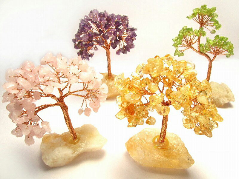 ●【天然石ツリー】縦約10-11cm ローズクォーツ アメジスト シトリン ペリドット 台座部分シトリン パワーストーン 天然石